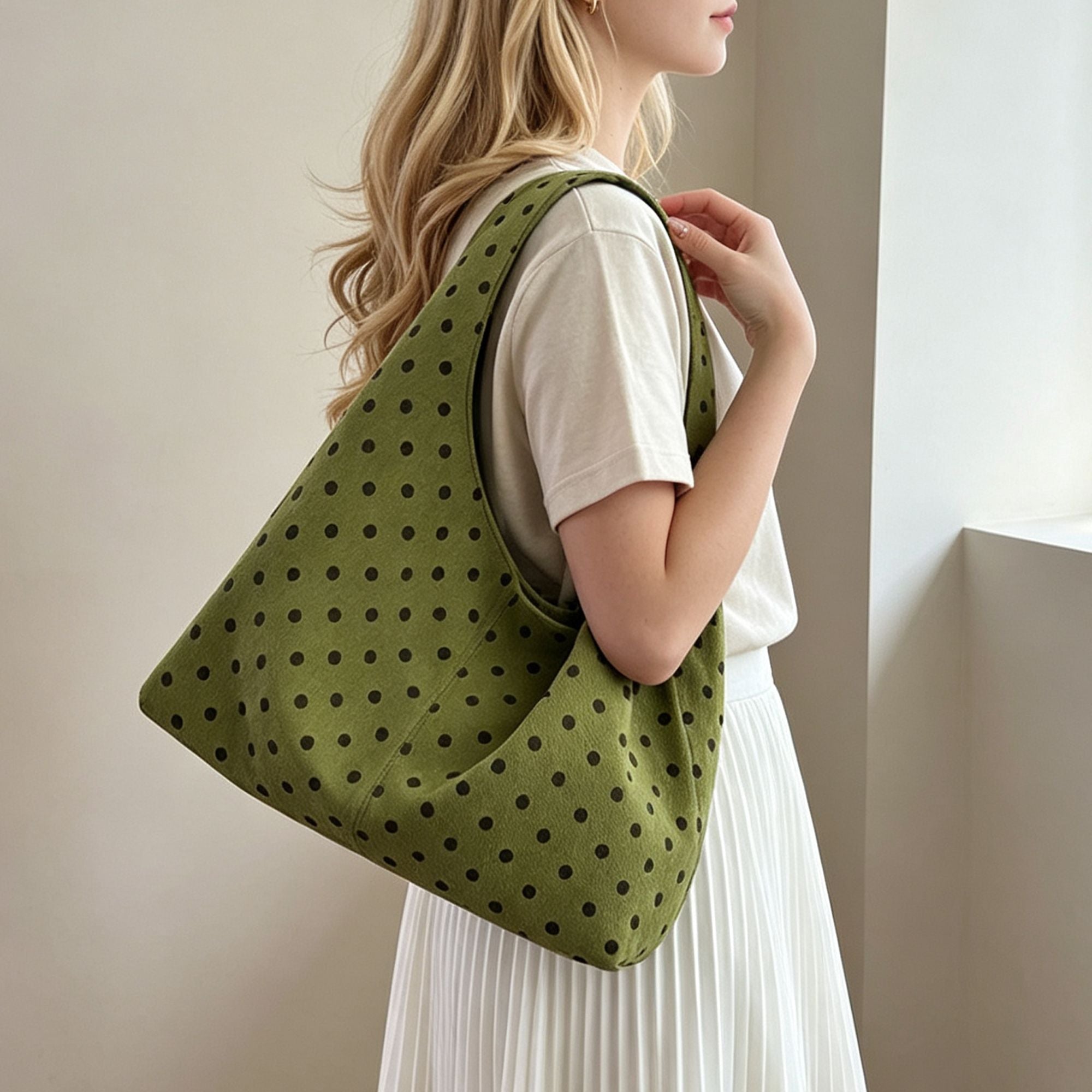 Polka Dot Corduroy Hobo Shoulder Bag with Wide Strap and Interior Pockets