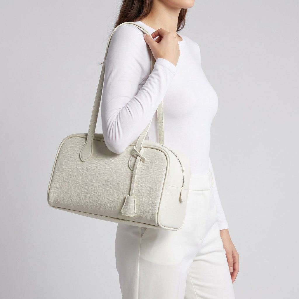 Smooth Grain Rectangular Boston Shoulder Bag with Fixed Long Top Handles & Full Zip Closure 11.8x7.1x4.7in