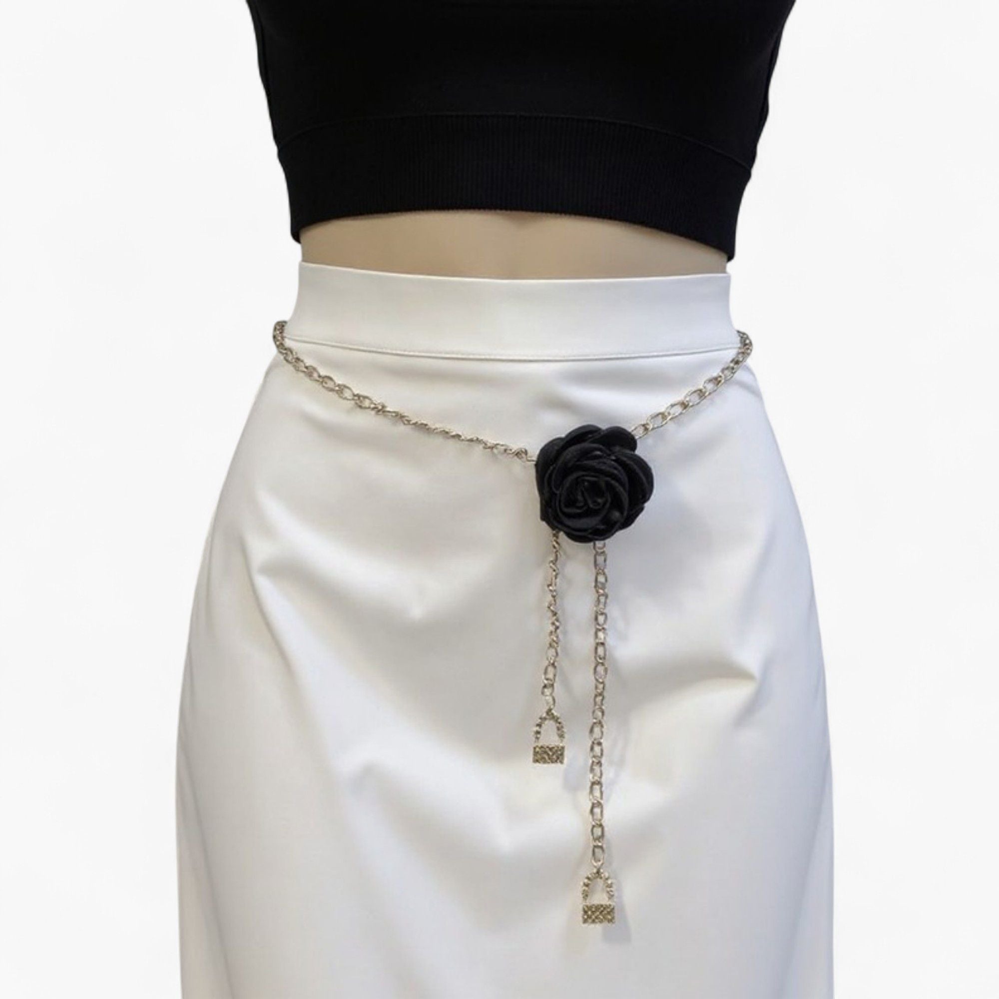 Anna-Kaci Women's Rose Flower Chain Belt with Hanging Lock Charms and Adjustable Drape Design 45.5in