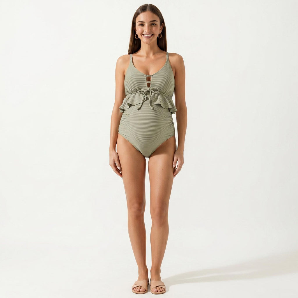 Anna-Kaci Swim Women's Maternity One-Piece Swimsuit with Ruffle Trim and Front Tie Detail