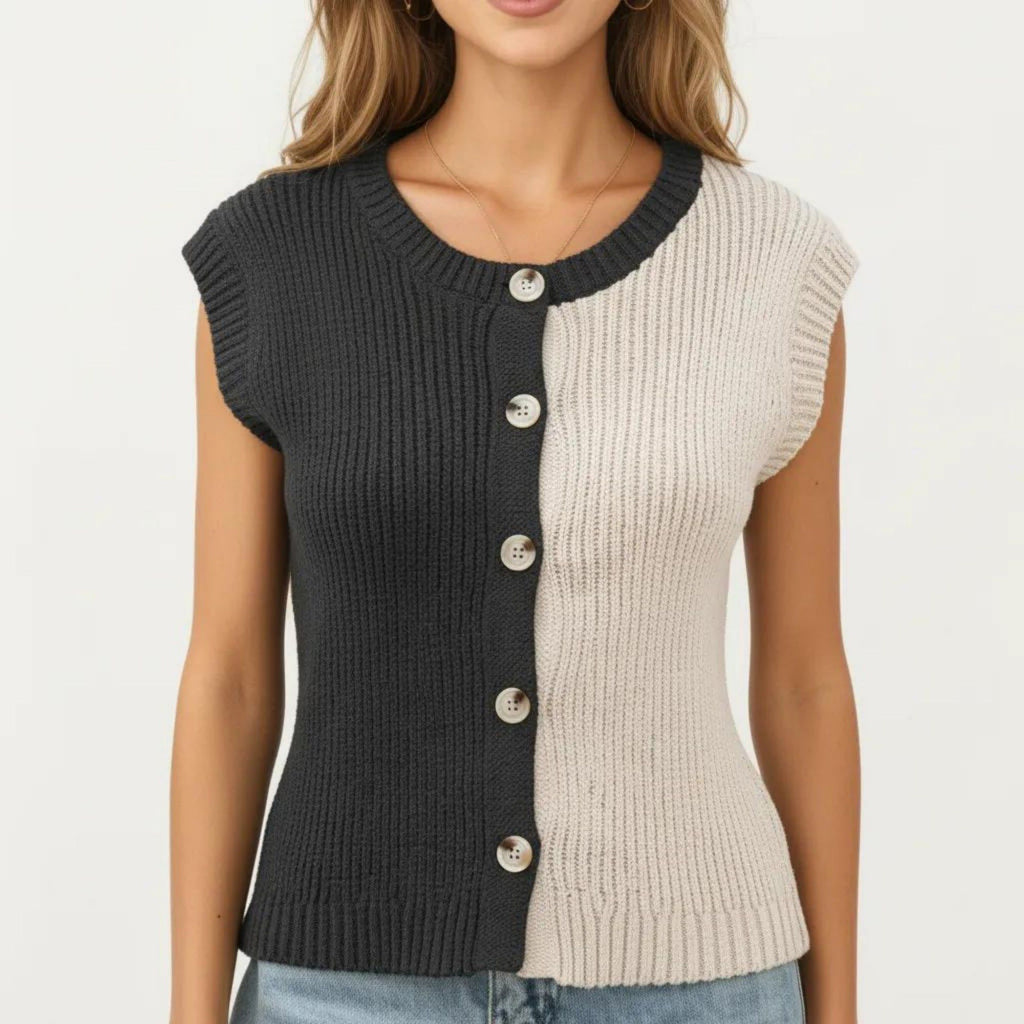 Anna-Kaci Women's Sleeveless Colorblock Knit Vest with Button Front and Ribbed Trim