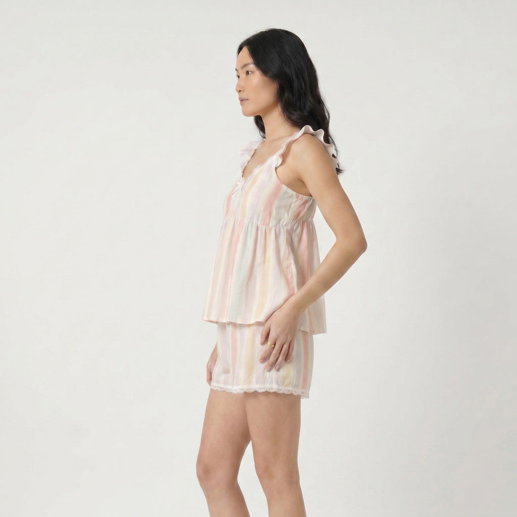 2-Piece Striped Ruffle Strap Cami Top and Shorts Sleepwear Lounge Set with Lace Trim and Relaxed Flowy Fit