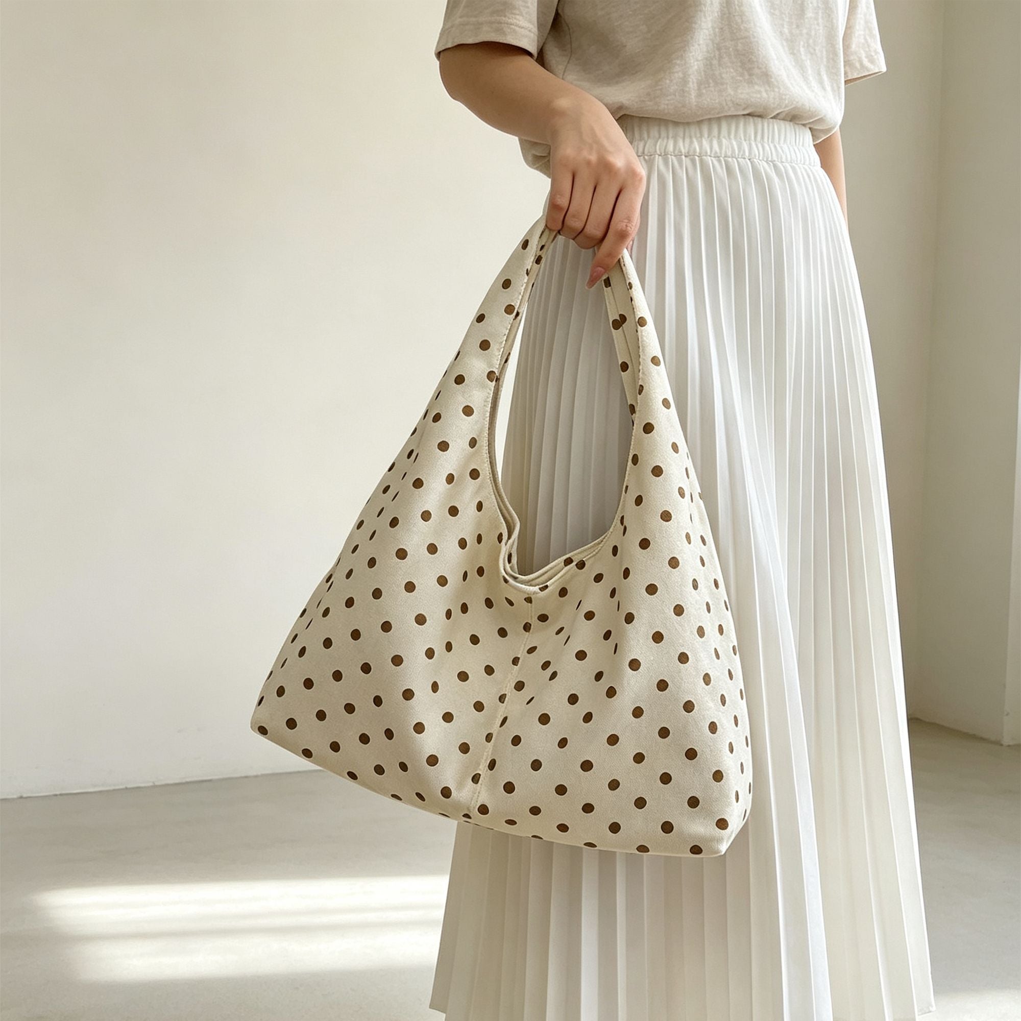 Polka Dot Corduroy Hobo Shoulder Bag with Wide Strap and Interior Pockets