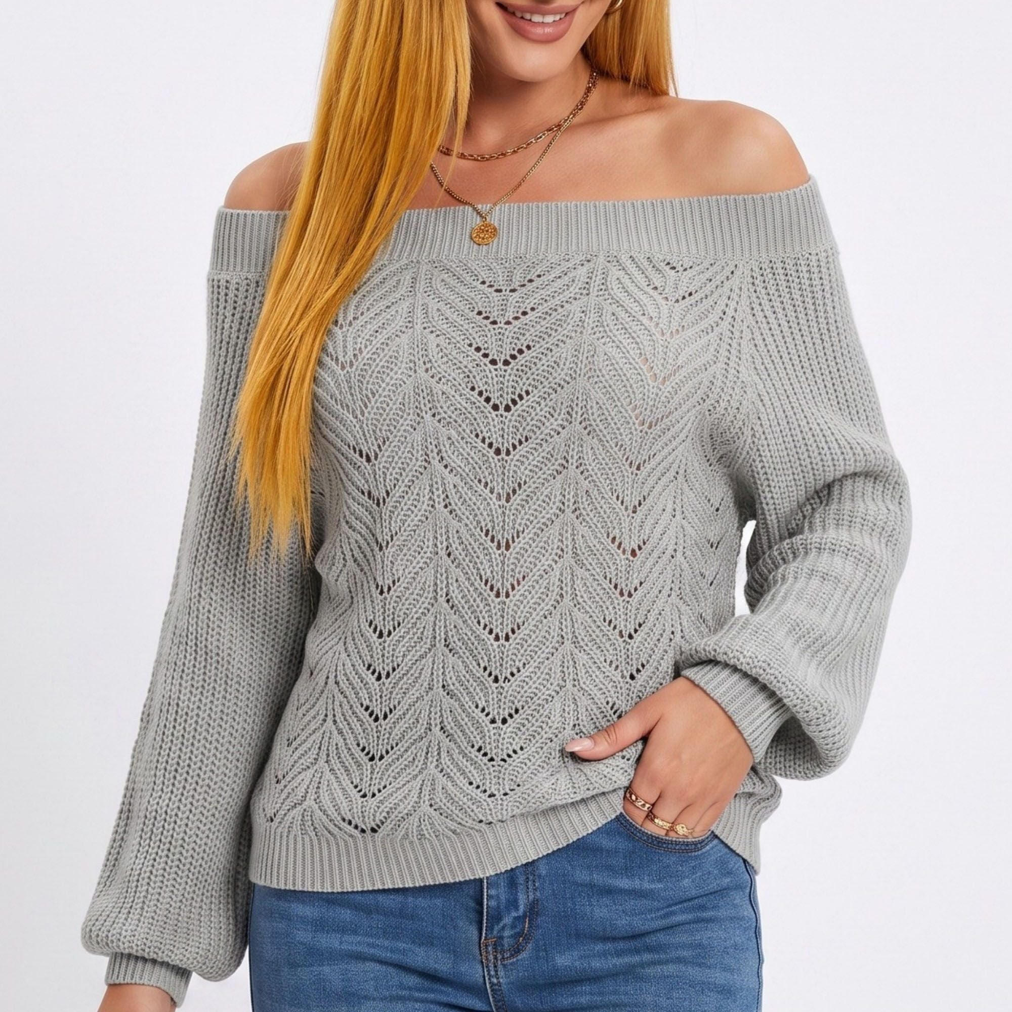 Off Shoulder Pointelle Knit Long Sleeve Sweater