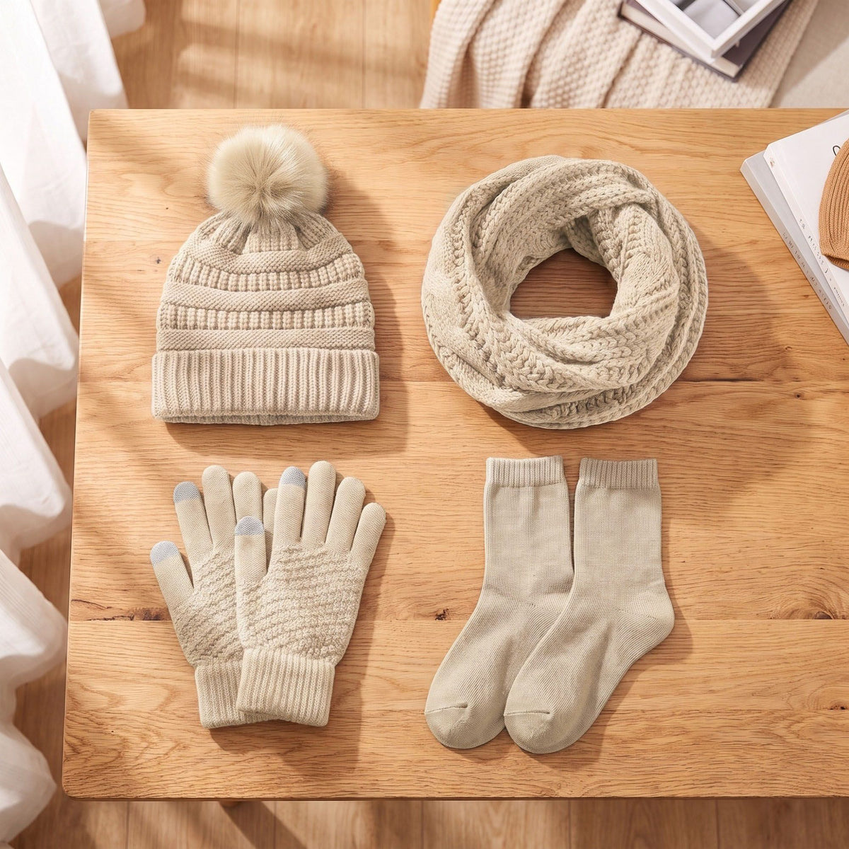 4 Piece Knit Winter Hat Scarf Touchscreen Gloves and Socks Set