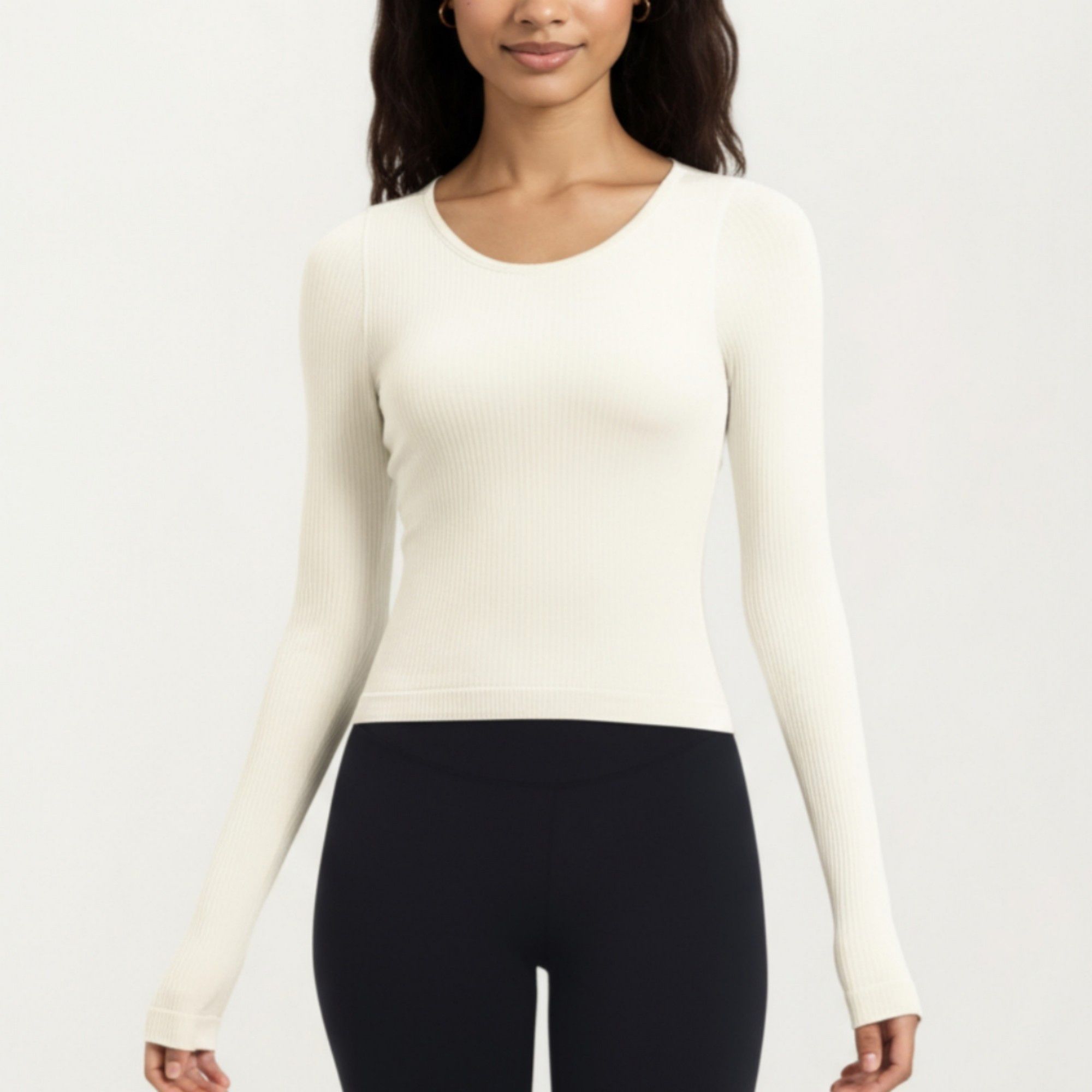Anna-Kaci Active Women's Ribbed Long Sleeve Fitted Top with Crew Neck and Thumbhole Cuffs