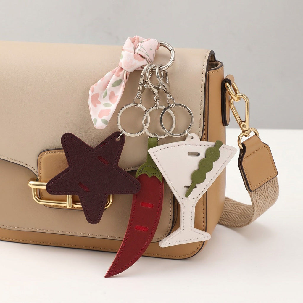 2-Piece Womens Faux Leather Bag Charm Keychain with Metal Clip Ring and Stitched Detail