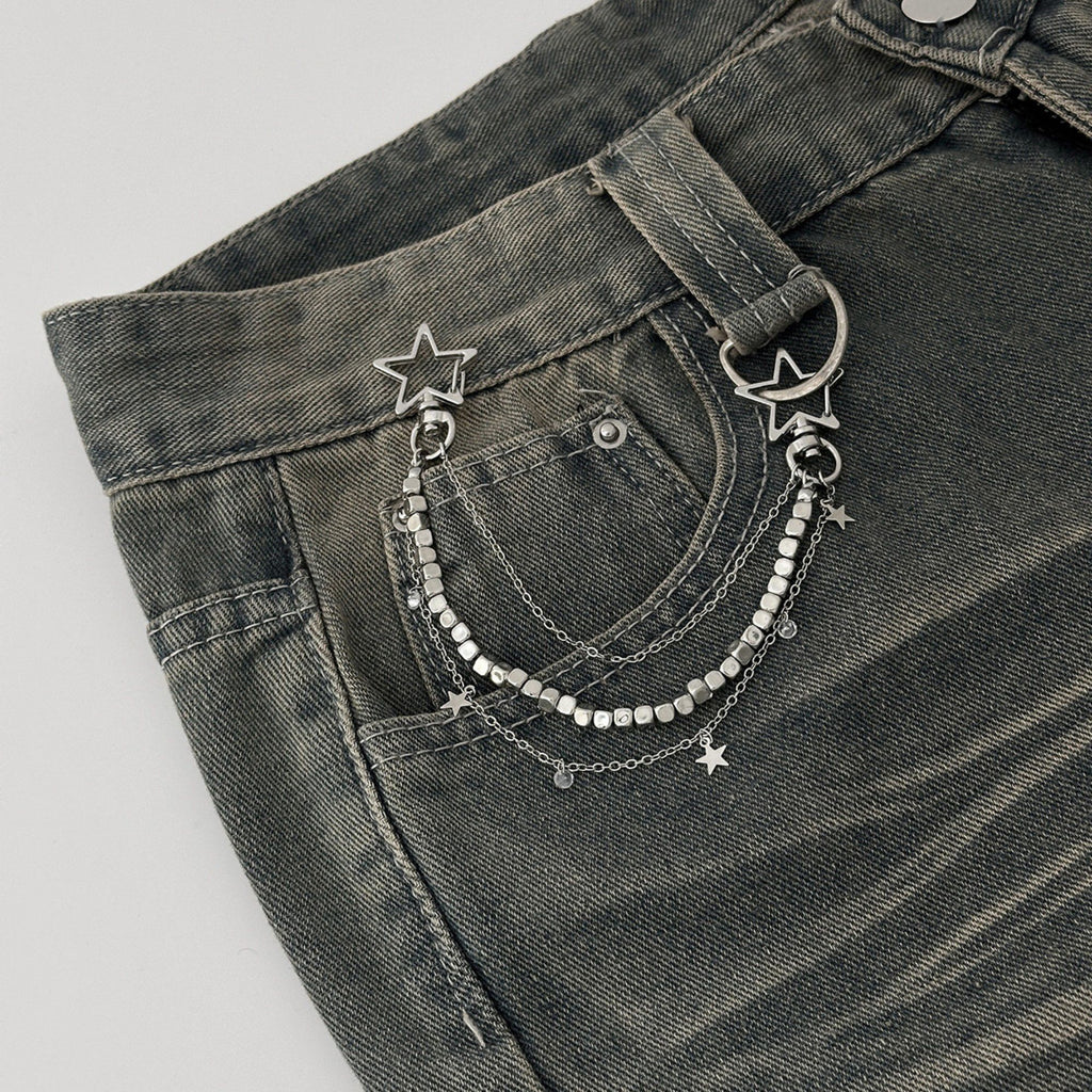 Star Chain Bag Charm with Layered Silver Tone Chains Dual Clips for Jeans Bags and Keys