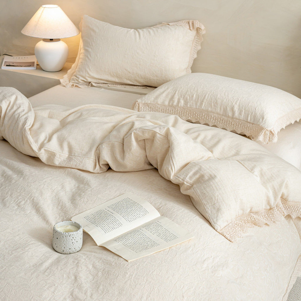 4-Piece Cotton Linen Jacquard Bedding Set with Duvet Cover Flat Sheet and Pillowcases Lace Trim Detail