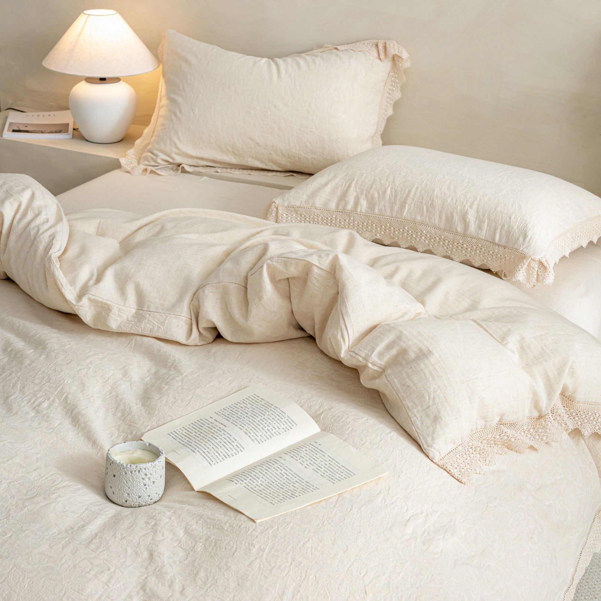 4-Piece Cotton Linen Jacquard Bedding Set with Duvet Cover Flat Sheet and Pillowcases Lace Trim Detail