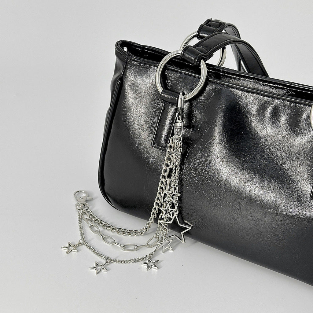 Star Chain Bag Charm with Layered Silver Tone Chains Clips and Hanging Star Pendants