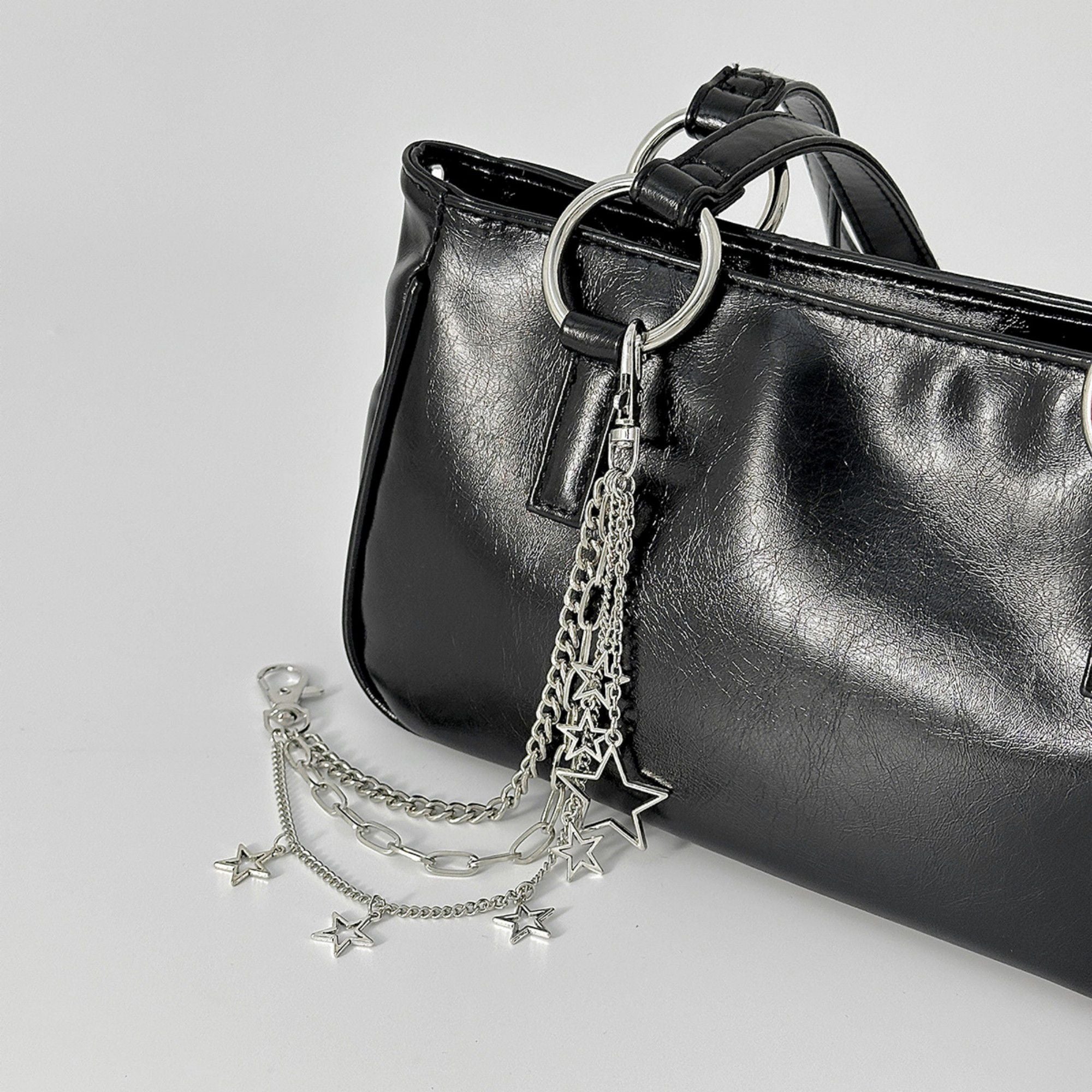 Star Chain Bag Charm with Layered Silver Tone Chains Clips and Hanging Star Pendants