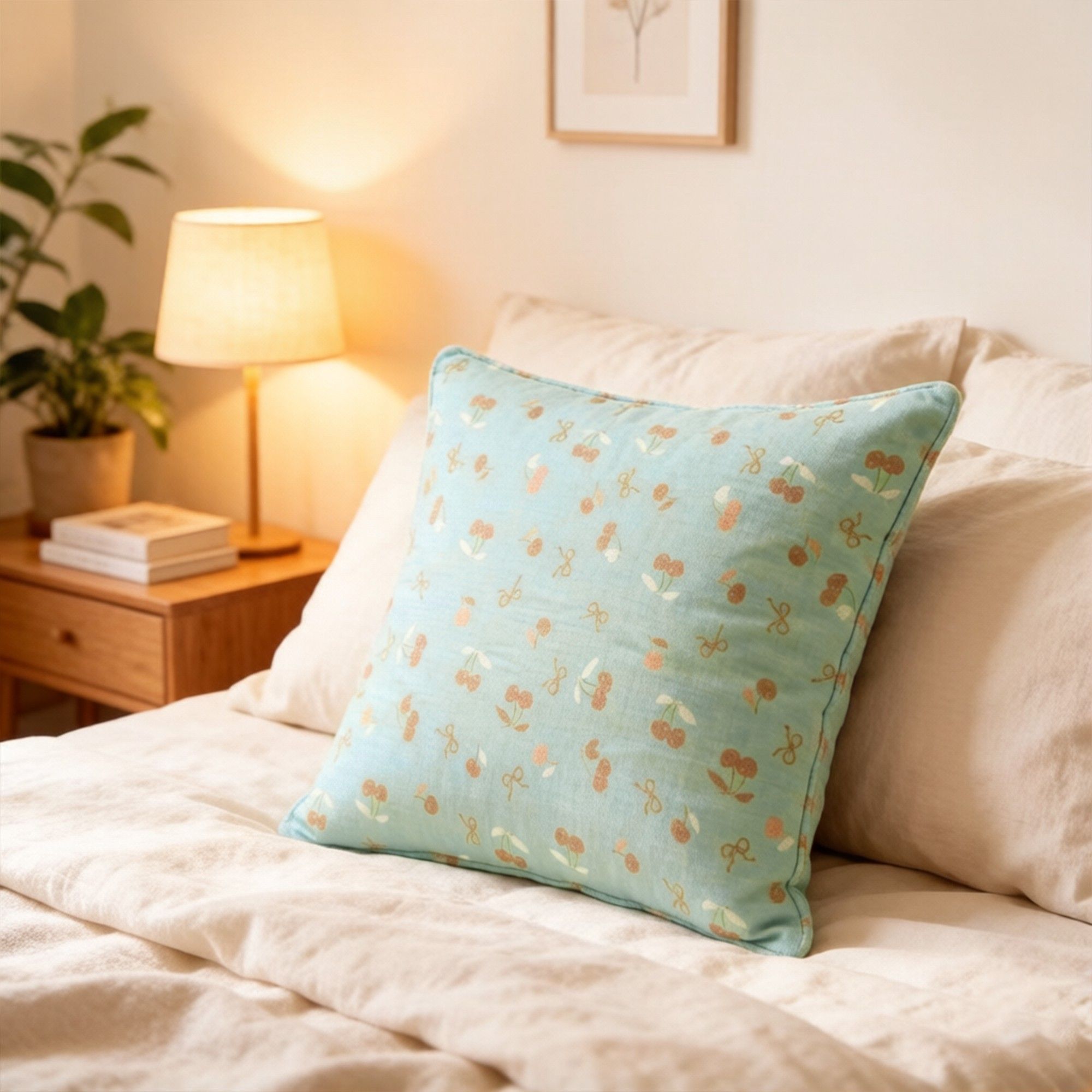 2-Piece Cotton Pillowcases with Cherry Print Design for Bedroom, Soft and Cozy Bedding Set 17.7x17.7in