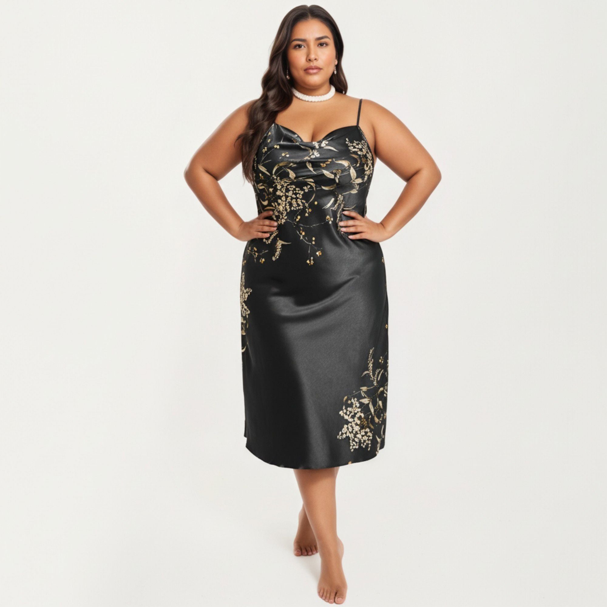 Anna-Kaci Lounge Women's Plus Size Satin Floral Slip Nightgown with Adjustable Spaghetti Straps Cowl Neck Midi Length Sleepwear Dress