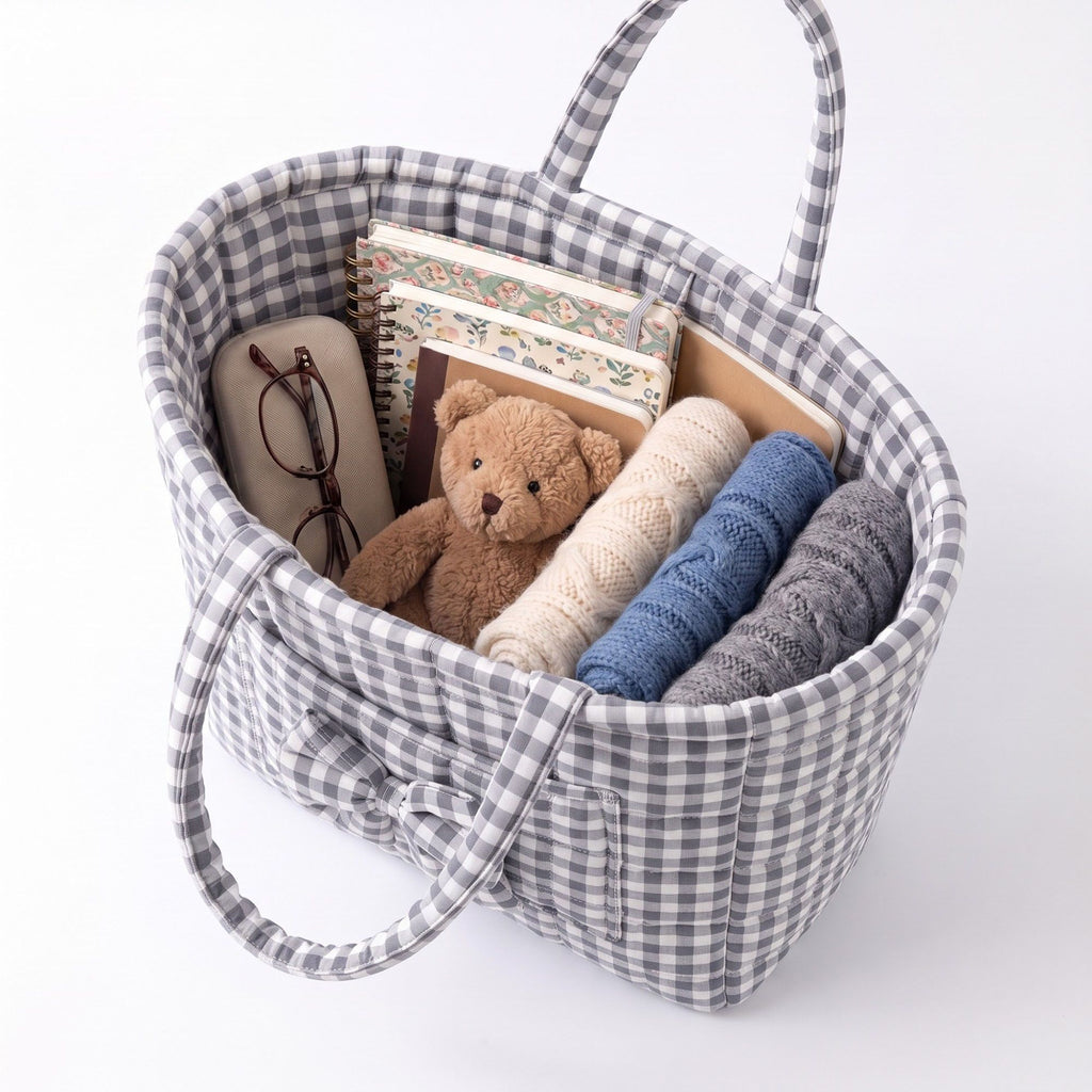 Quilted Gingham Storage Basket with Handles and Bow