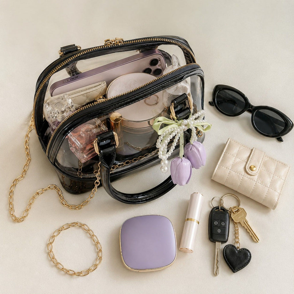 Clear PVC Mini Satchel Bag with Chain Strap and Floral Pearl Charm