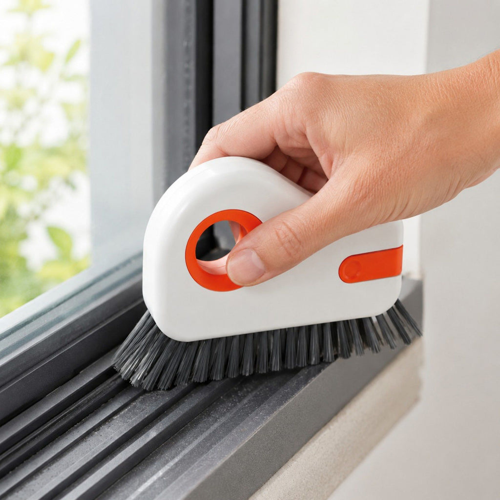 2-Piece Handheld Window Track Cleaning Brush with Built-In Scraper for Grooves, Sills and Tight Spaces