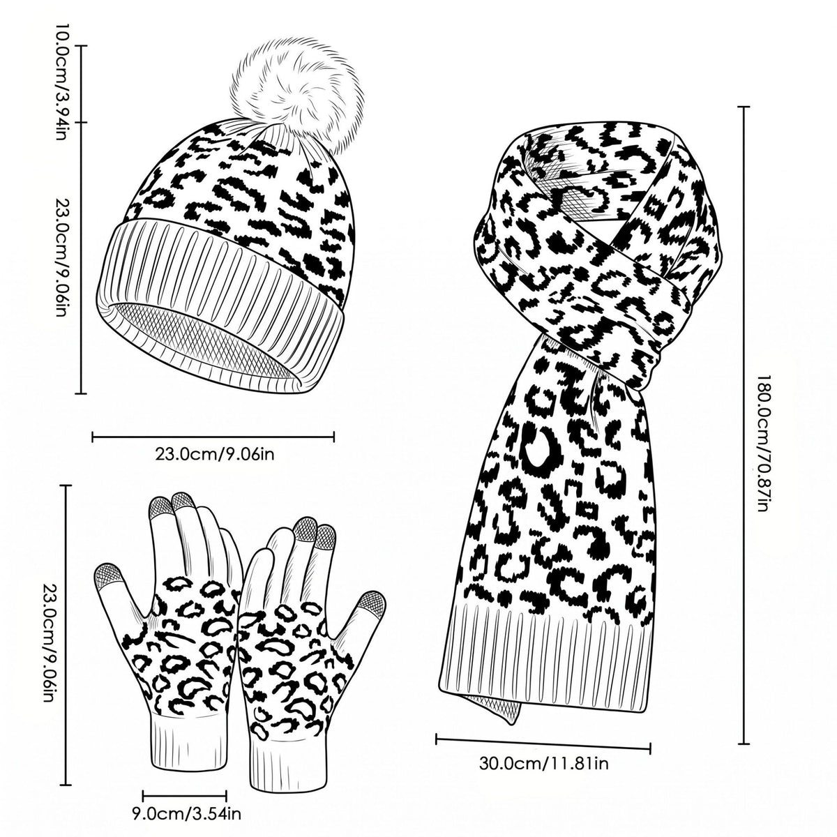 3 Piece Leopard Print Pom Beanie Scarf and Touchscreen Gloves Set