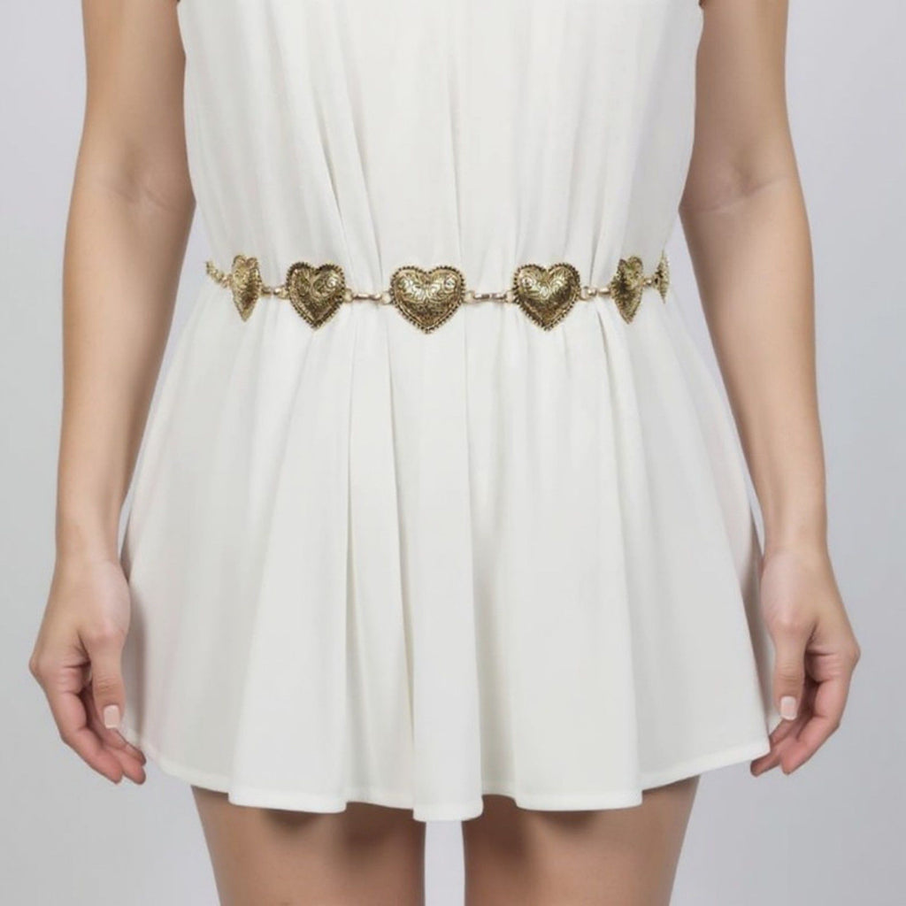 Anna-Kaci Women's Heart Link Chain Belt with Textured Metal Design and Adjustable Fit 45.5in Valentine