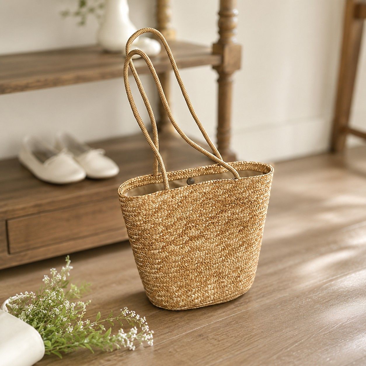 Woven Straw Style Tote Bag with Double Shoulder Handles and Open Top Design