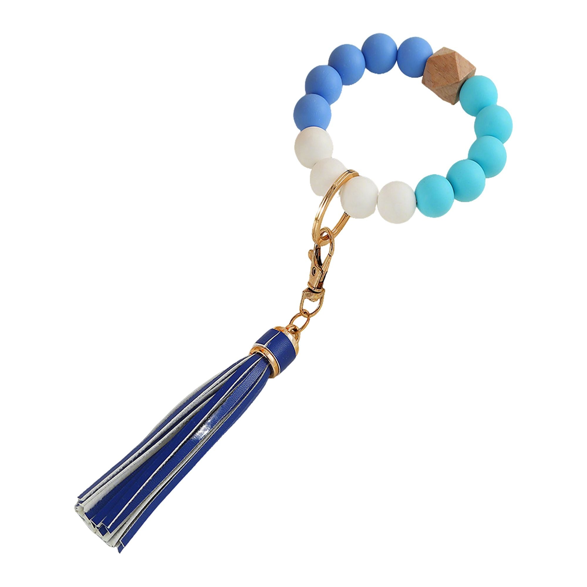 Beaded Keychain Bracelet with Tassel Charm and Elastic Loop