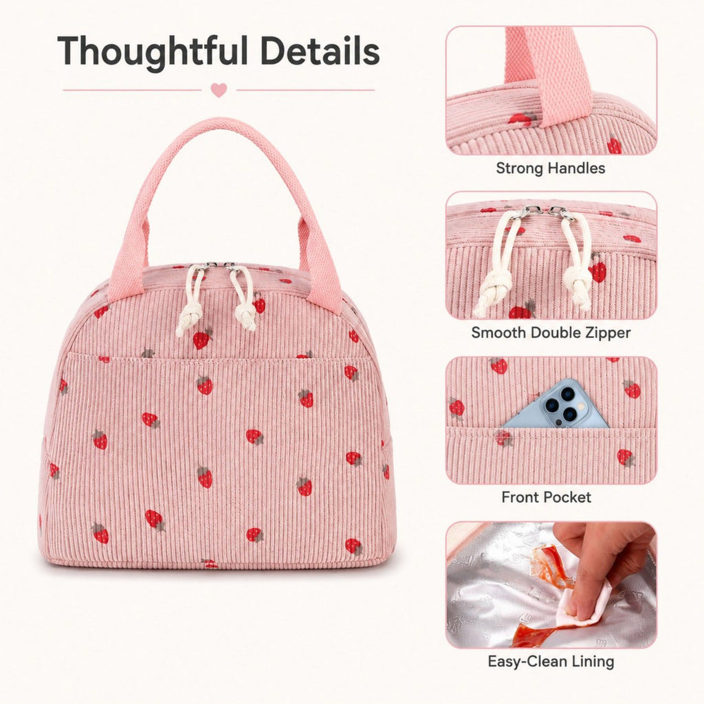 Strawberry Print Corduroy Insulated Lunch Bag with Handles and Zip Closure