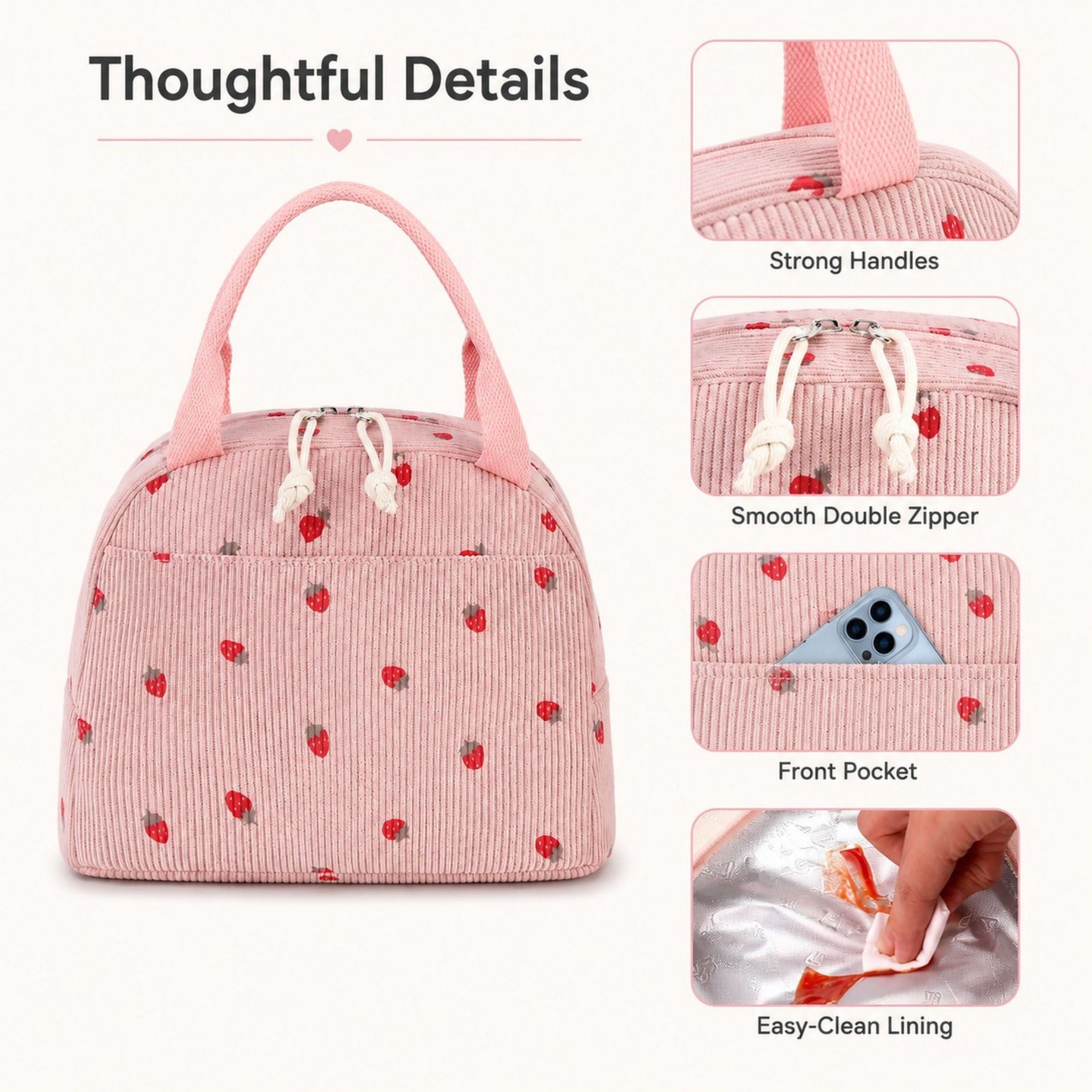 Strawberry Print Corduroy Insulated Lunch Bag with Handles and Zip Closure