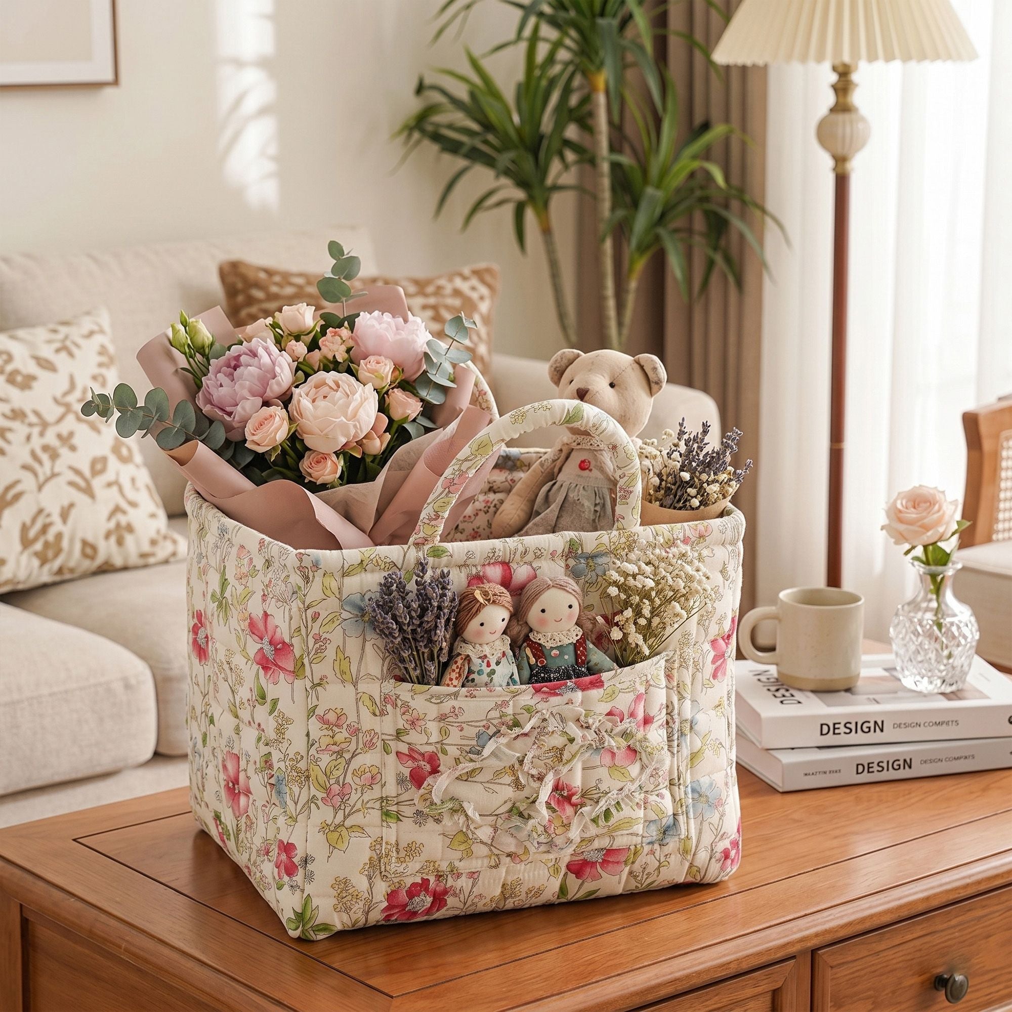 Fabric Storage Basket Quilted Cotton Organizer Bin with Floral Print Decorative Storage