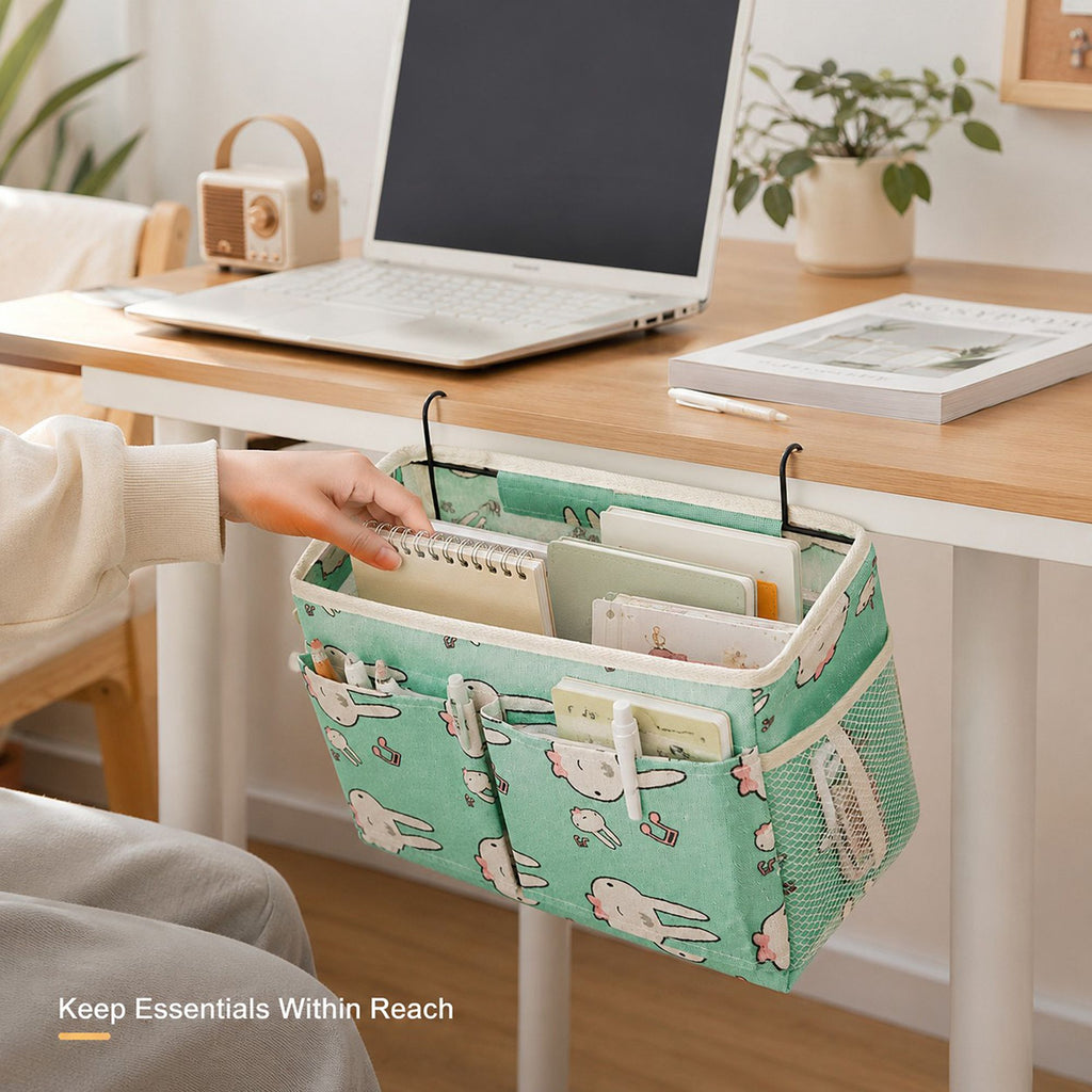Hanging Bedside Storage Caddy Bunny Print Organizer with Hooks and Multiple Pockets