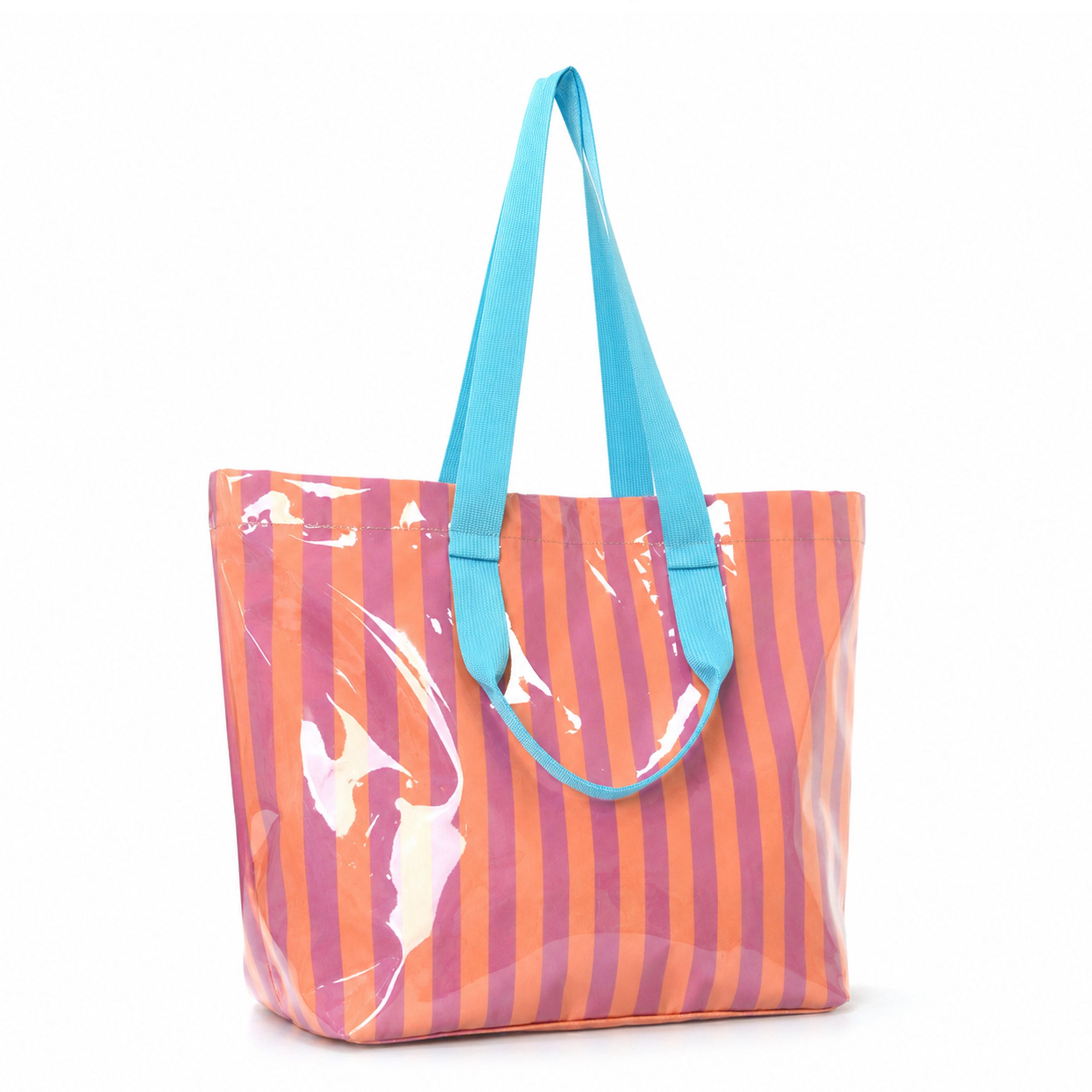 Striped PVC Beach Tote Bag with Magnetic Closure and Zip Pocket