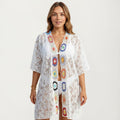 Anna-Kaci Women's Lace Swim Cover Up Cardigan with Crochet Trim Floral Pattern Open Front and Relaxed Sleeves