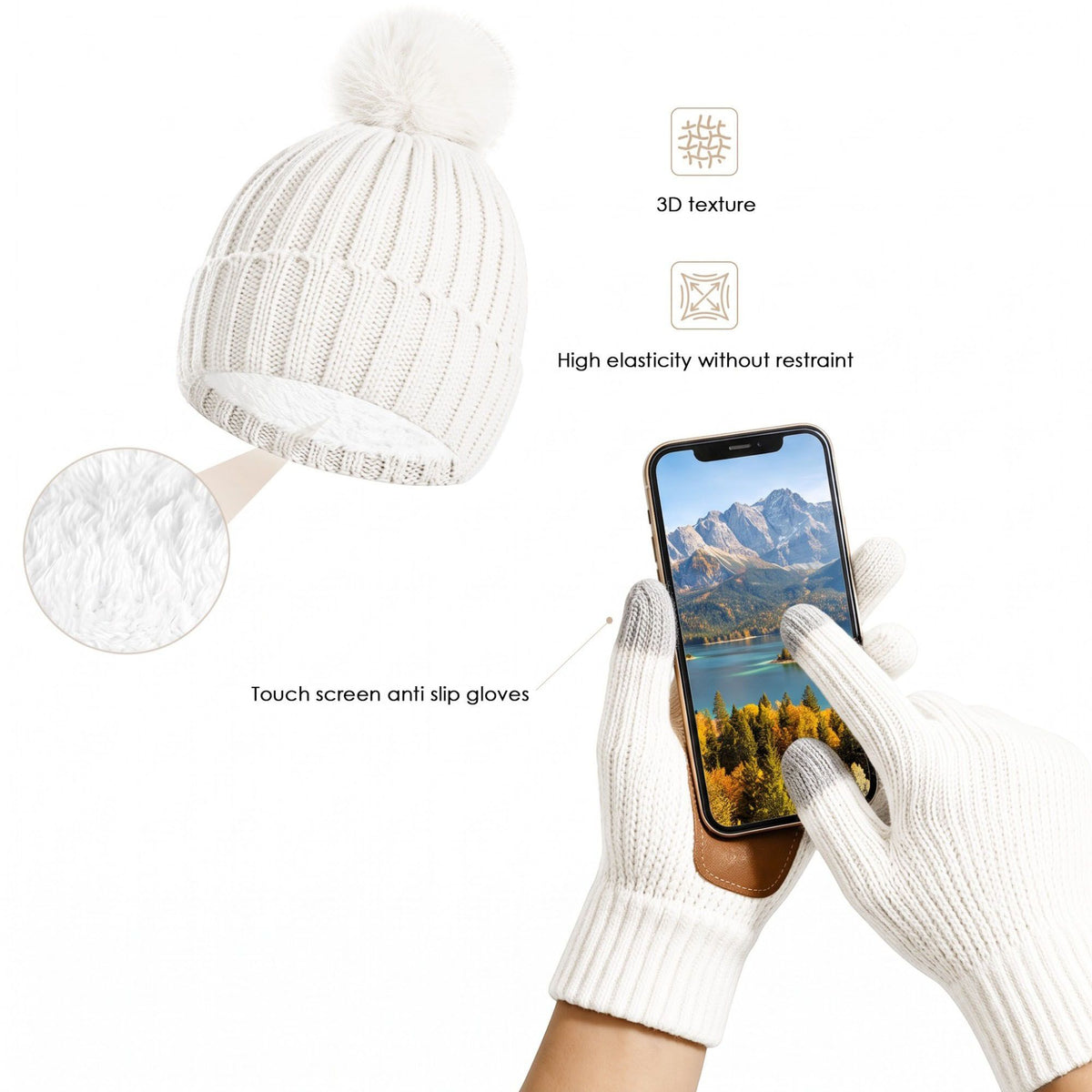 3 Piece Pom Beanie Scarf and Touchscreen Gloves Winter Set