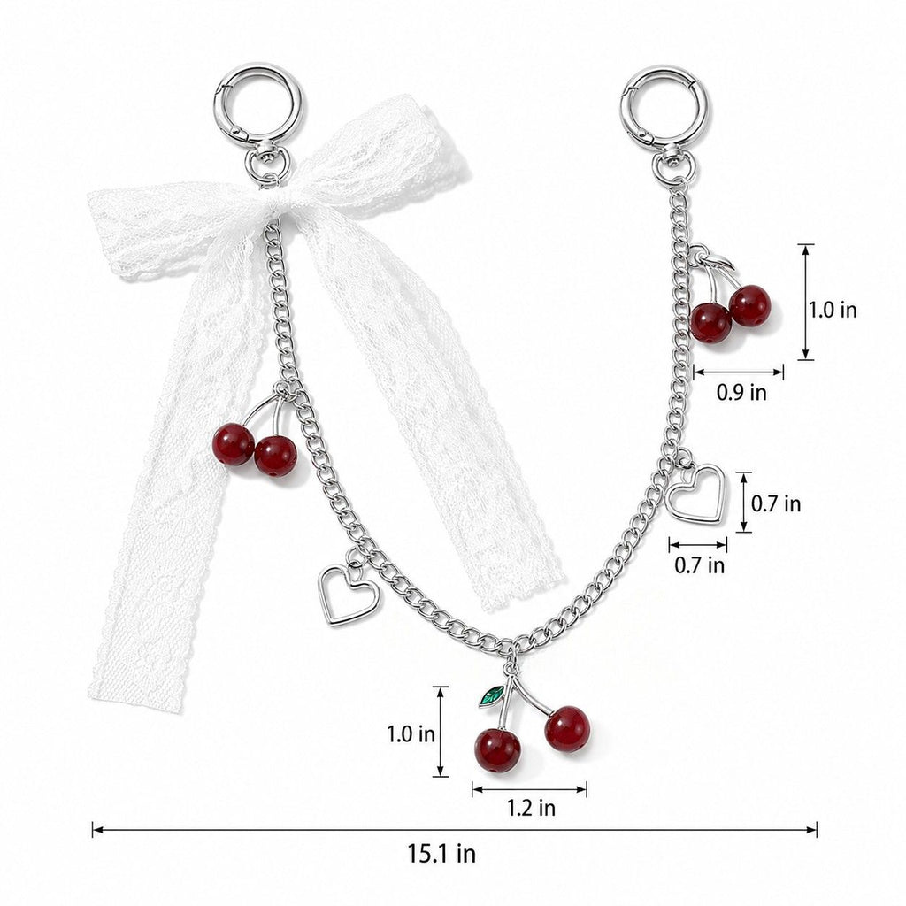 Lace Bow Cherry Bag Chain Charm with Heart Accents and Double Ring Clasps