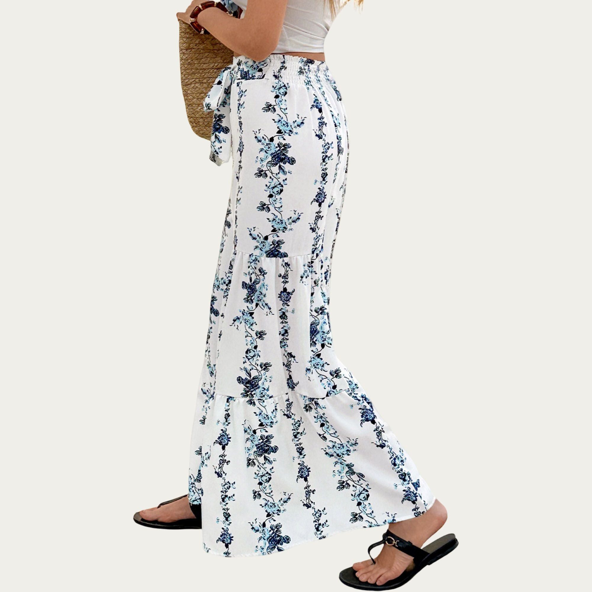 Anna-Kaci Women's Floral Wide Leg Palazzo Pants with Tiered Hem Detail and Adjustable Tie Waist