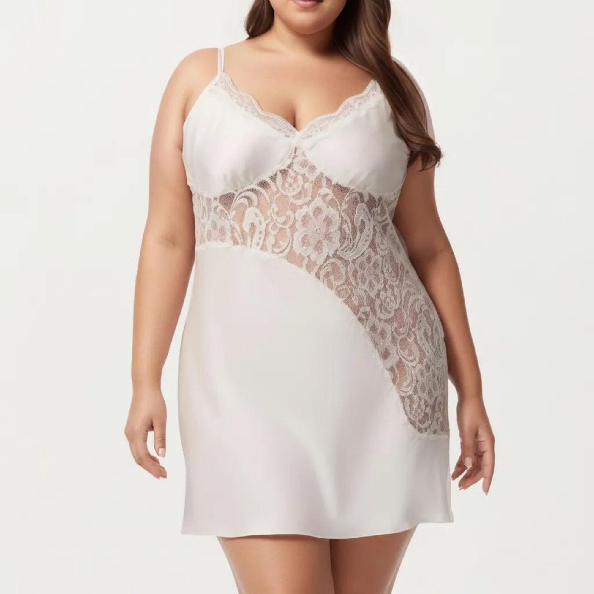 Anna-Kaci Lounge Women's Plus Size Lace Panel Chemise Slip Dress Adjustable Strap Sleepwear