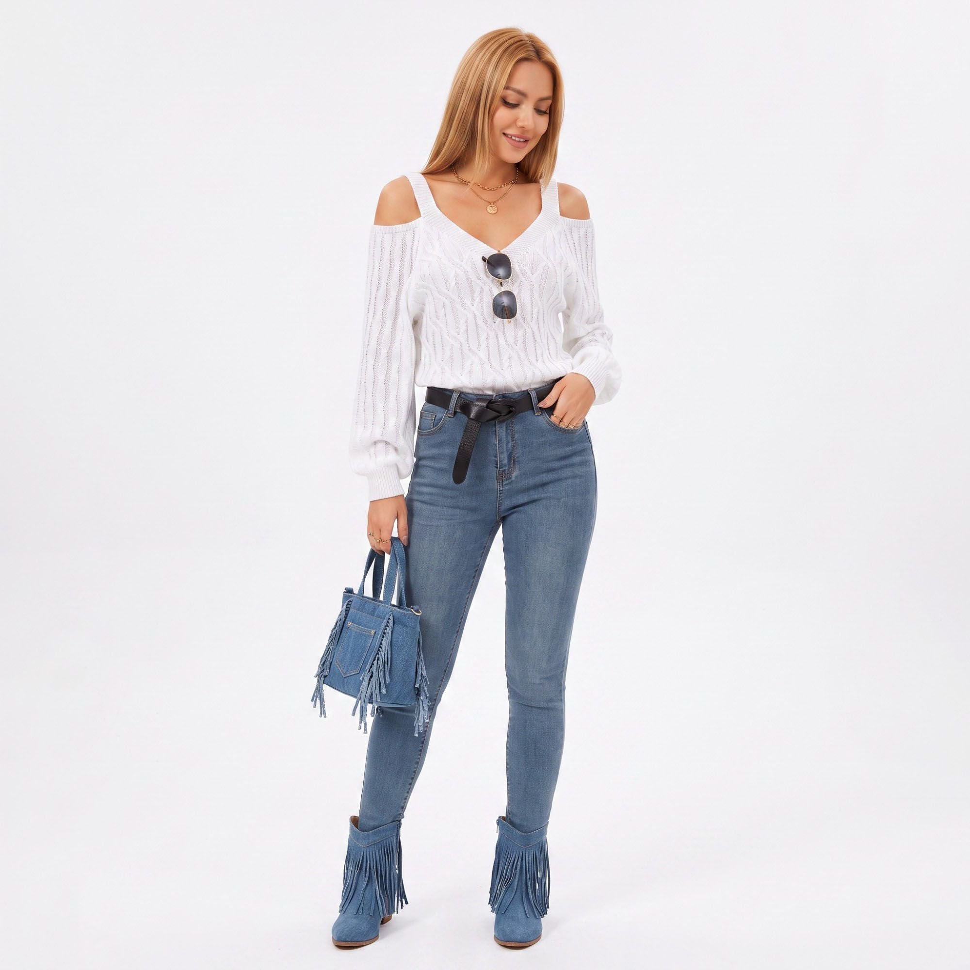Cold Shoulder V Neck Cable Knit Long Sleeve Sweater