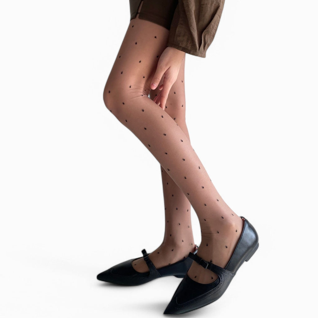 Anna-Kaci Women's Sheer Black Tights with Allover Polka Dot Pattern and Reinforced Toe Detail