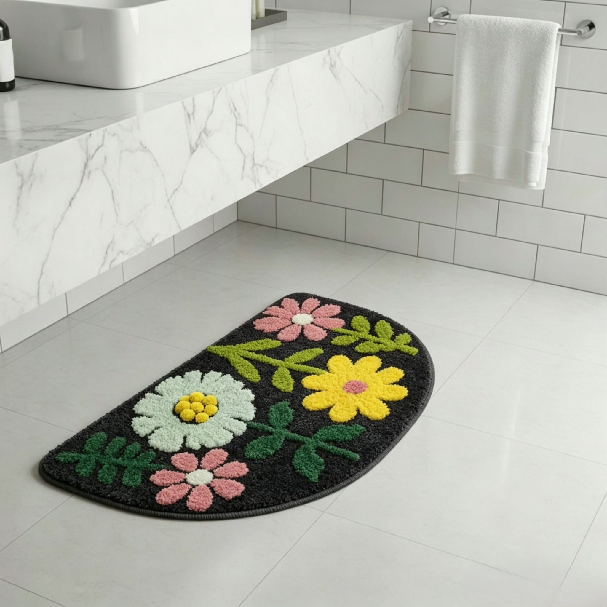 Mixed?Flower Semicircular Bathroom Floor Mat Soft Water?Absorbent Rug with Anti?Slip Base
