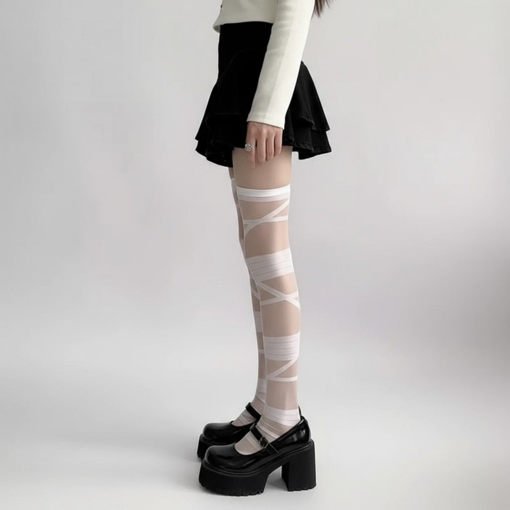 Anna-Kaci 2pcs Women's Sheer Tights with Wrapped Ribbon Illusion and Gothic Layered Design