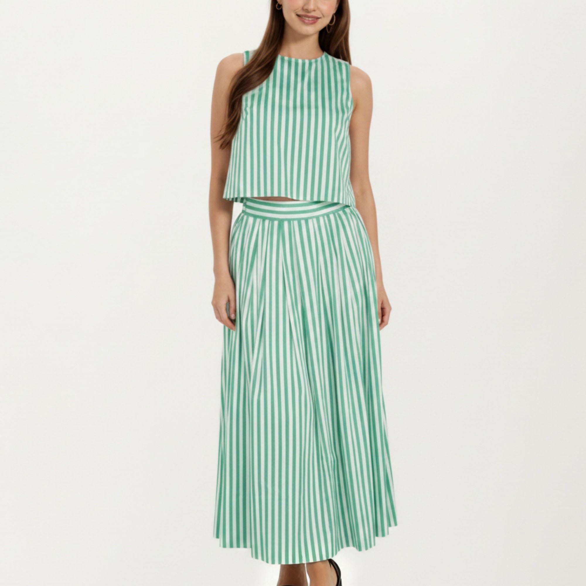 Anna-Kaci Women's Sleeveless Striped Two Piece Set Crop Top and Midi Skirt with Back Button Detail Flowy High Waist Set
