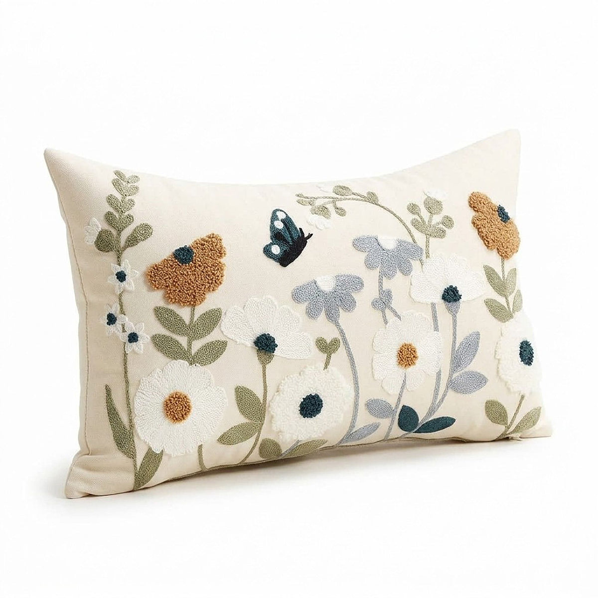 Embroidered Floral Butterfly Lumbar Decorative Throw Pillow Cover