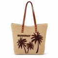 Palm Tree Woven Tote Bag Large Capacity Shoulder Handbag with Faux Leather Handles