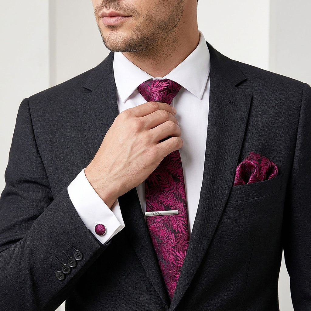 Men's Paisley Pattern Tie Gift Set with Matching Pocket Square Cufflinks and Silver Tie Clip