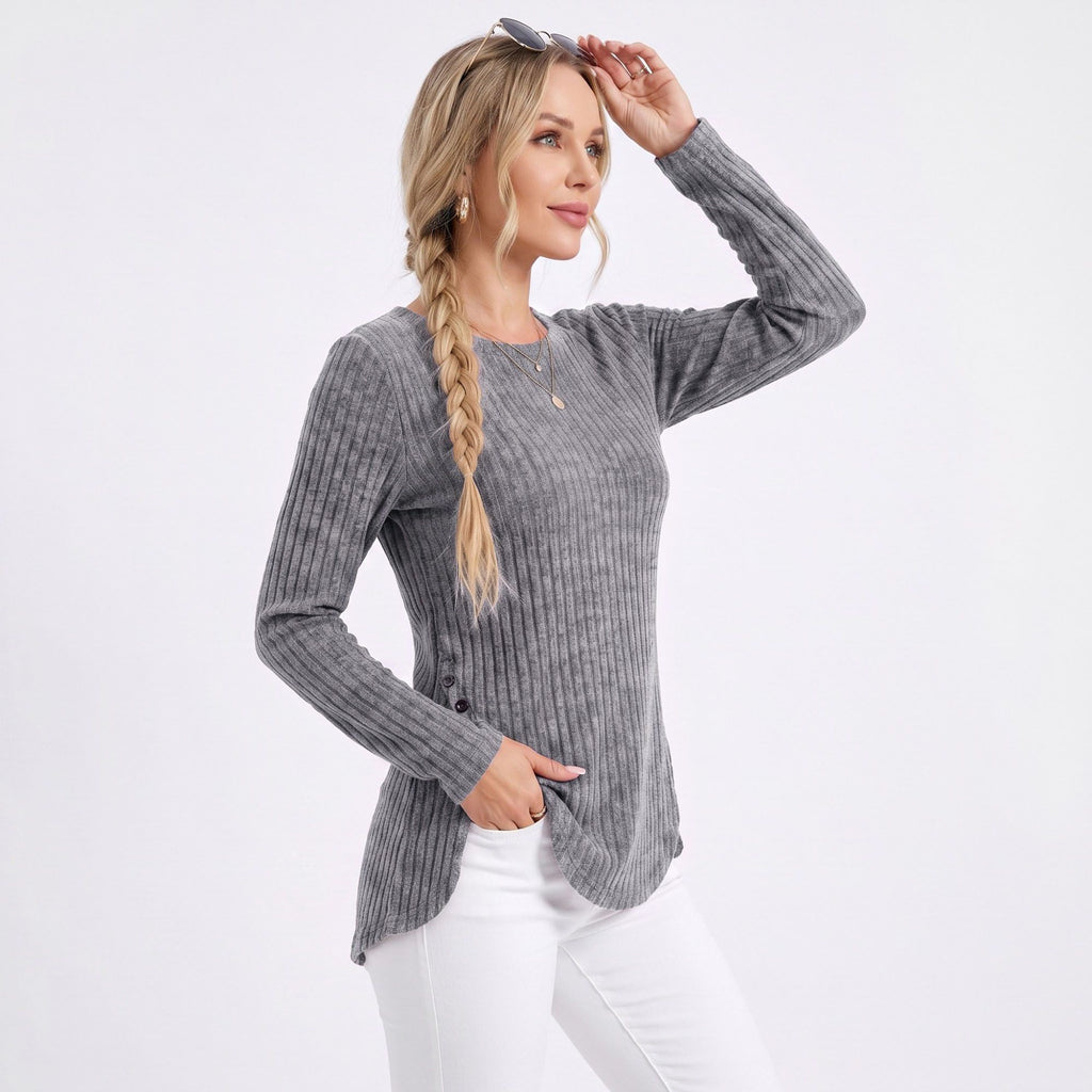 Ribbed Crew Neck Side Slit Long Sleeve Tunic Top