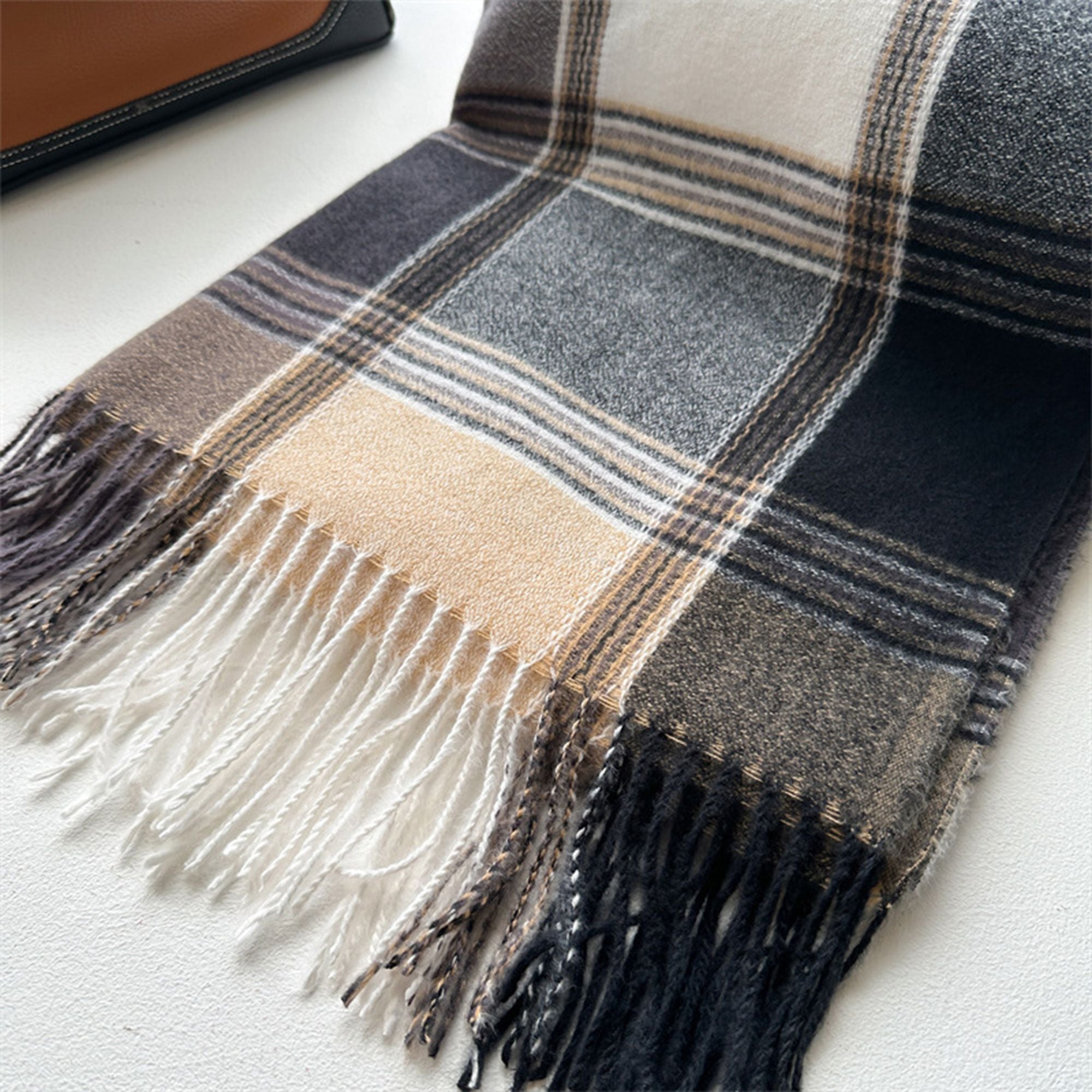 Anna-Kaci Women's Plaid Tassel Trim Faux Cashmere-Like Winter Warm Scarf - 77IN¡Á26IN