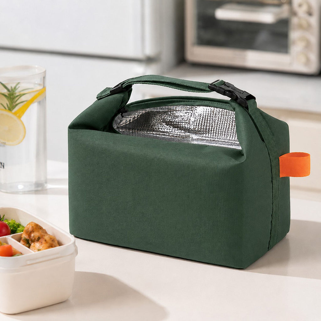Insulated Roll Top Lunch Bag with Buckle Handle and Leak-Resistant Lining