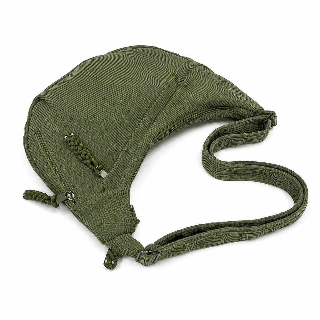 Corduroy Crescent Crossbody Bag with Adjustable Strap and Zip Pockets