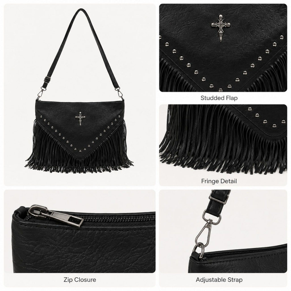 Studded Fringe Shoulder Bag with Adjustable Strap and Zip Closure