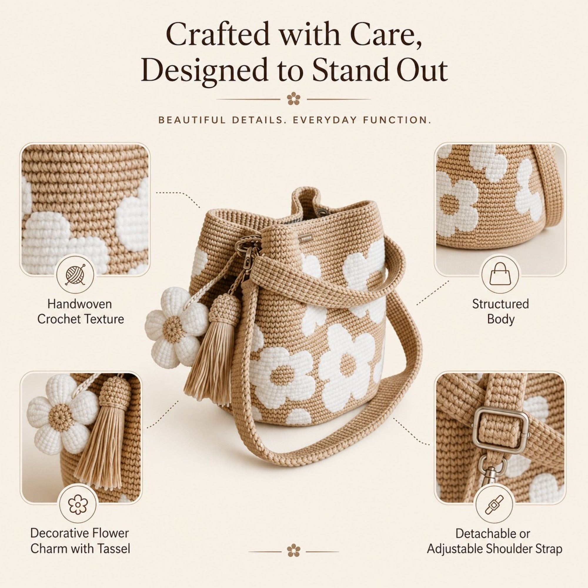 Crochet Floral Bucket Bag with Tassel Charm and Shoulder Strap