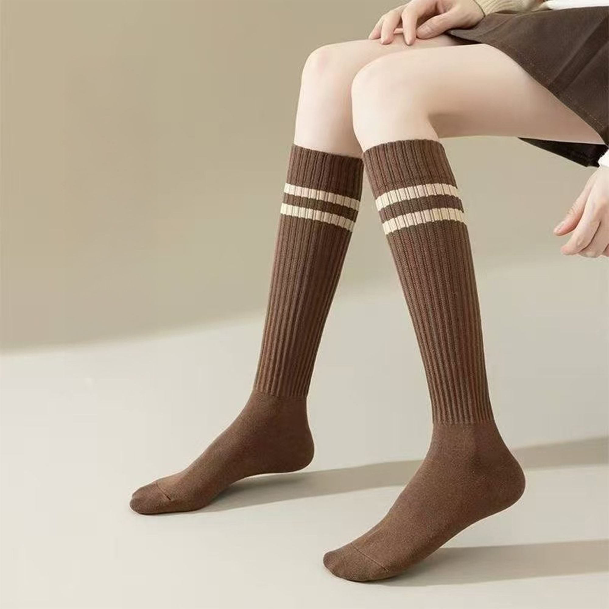 Anna-Kaci Women's 4-Pair Set Ribbed Knee-High Socks with Striped Detail Slim Fit Stretch Design for Casual Outfits